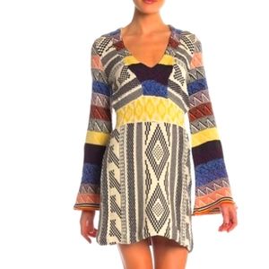 Free People Knit Mini Dress Patchwork Geometric Aztec Sleeves Bohemian Colorful